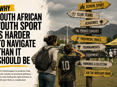 Editorial hero image showing a parent and young athlete looking at signposts for school sport, club teams, academies, private coaches, provincial trials and tournaments.