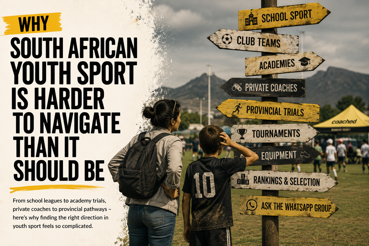 Editorial hero image showing a parent and young athlete looking at signposts for school sport, club teams, academies, private coaches, provincial trials and tournaments.