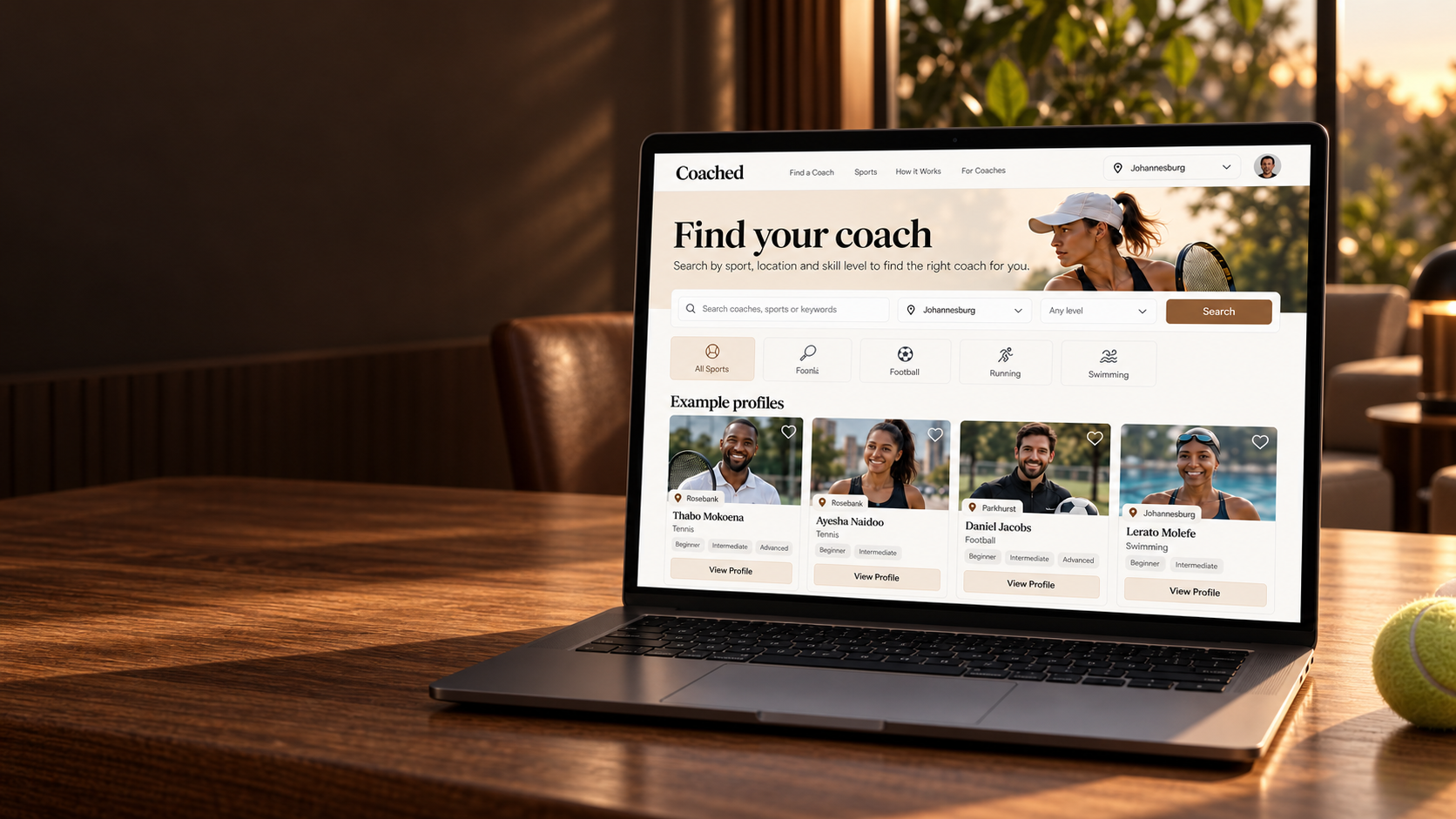 Illustrative Coached marketplace on a laptop in a warm sports lounge, with fictional Johannesburg coaches